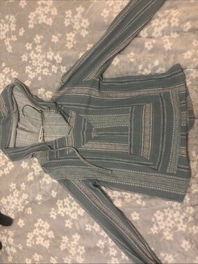Wallflower Teal Striped Hooded Poncho Sweater